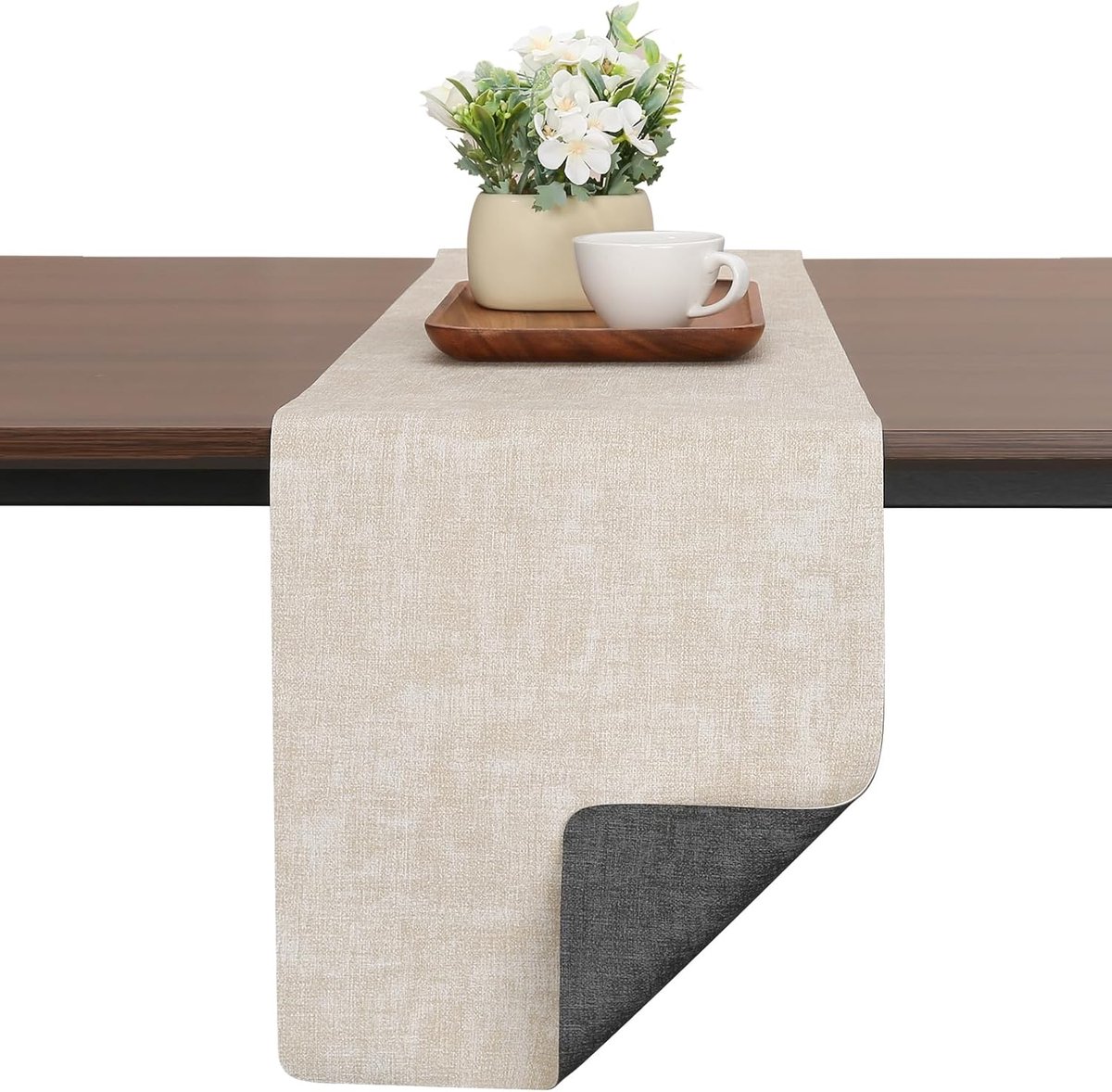 tafelloper van kunstleer, dubbelzijdig antislip, hittebestendig, afwasbaar, outdoor tafelloper voor bruiloft, verjaardag, feest, tafeldecoratie (grijs crèmewit, 30 x 140 cm)