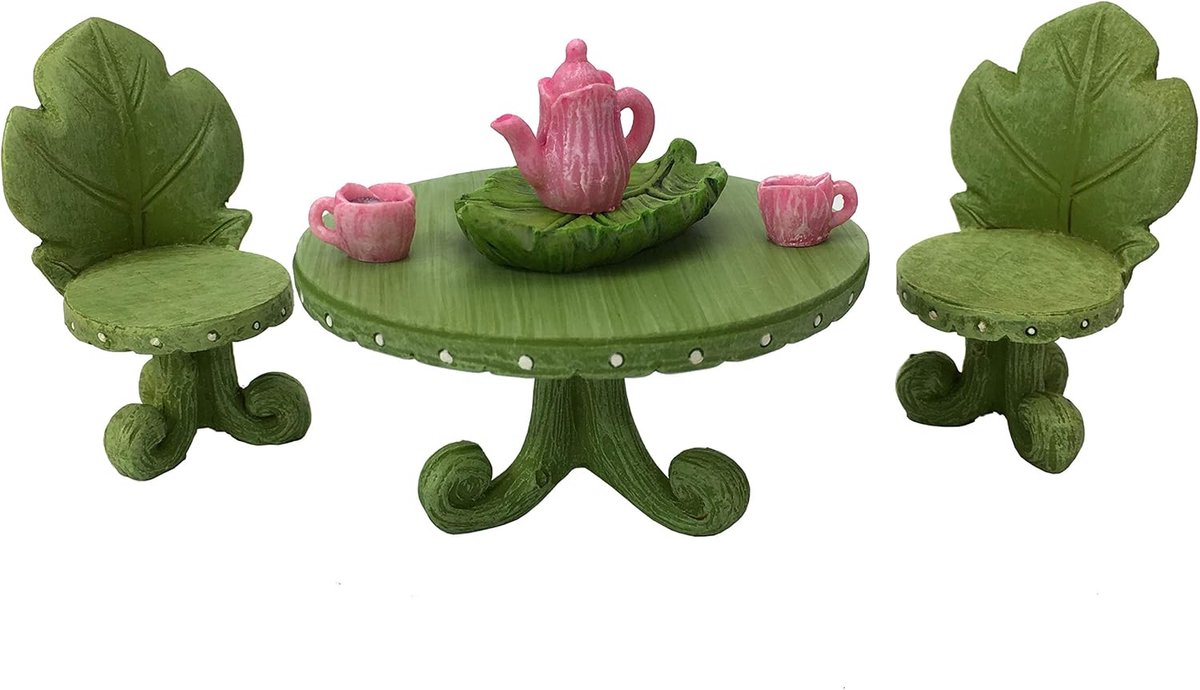 Meubelset: Blad Bistro Set met Theeset voor feeën en tuinkabouters