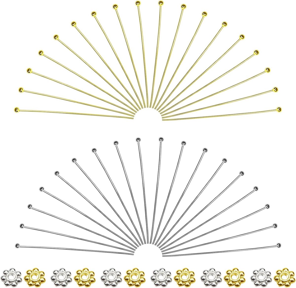 200 stuks Klinknagels Kogelkop Naalden 50 mm Gouden Zilver Messing Kogelkopstift Hoofdspelden met 4 mm afstandsparels voor Oorringen Halskettingen Hangers Sieraden Maken