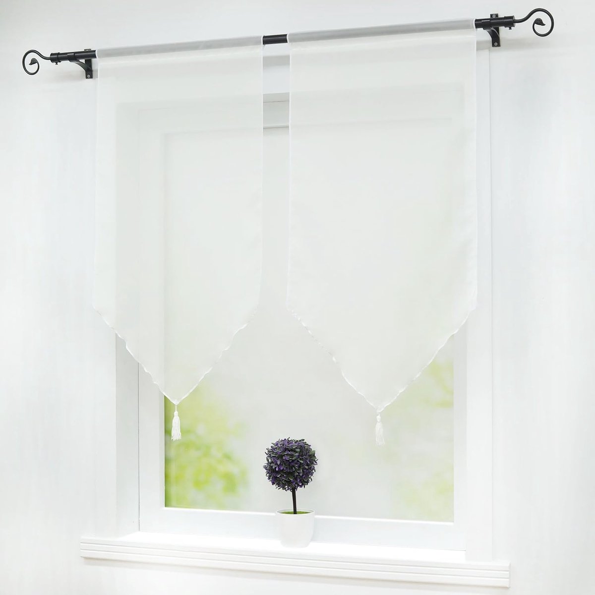 Vitrage Voile bistrogordijnen met kwast, effen Melina Korte store B x H 45 x 90 cm wit met trekkoord 2 stuks