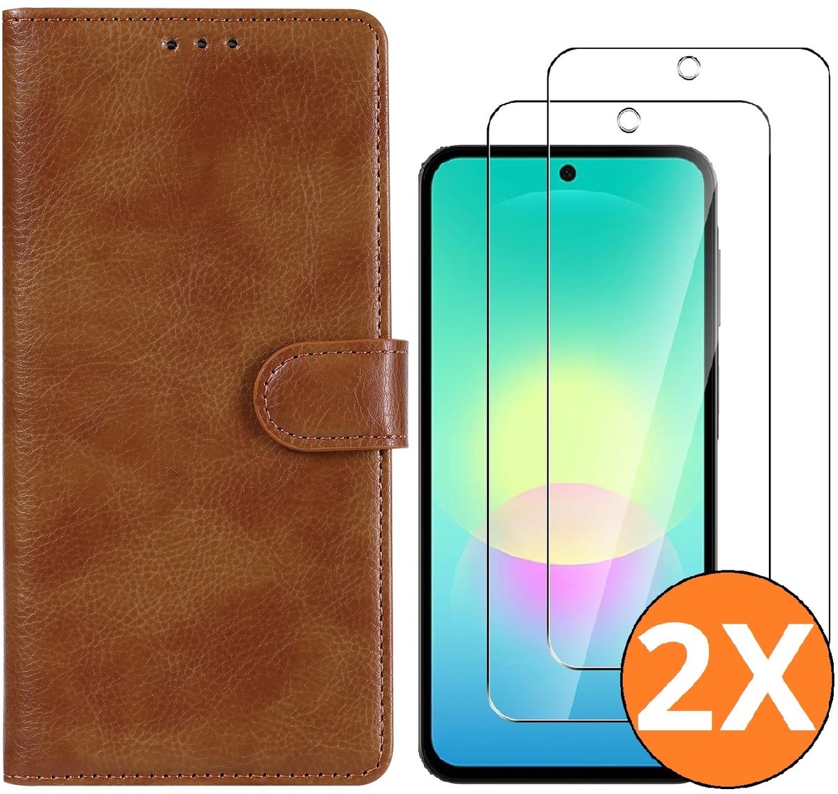 Hoesje geschikt voor Samsung Galaxy A27 5G Hoesje Bruin met Pasjeshouder + 2x Screenprotector Tempered Glass – Schokbestendige Wallet Telefoonhoes