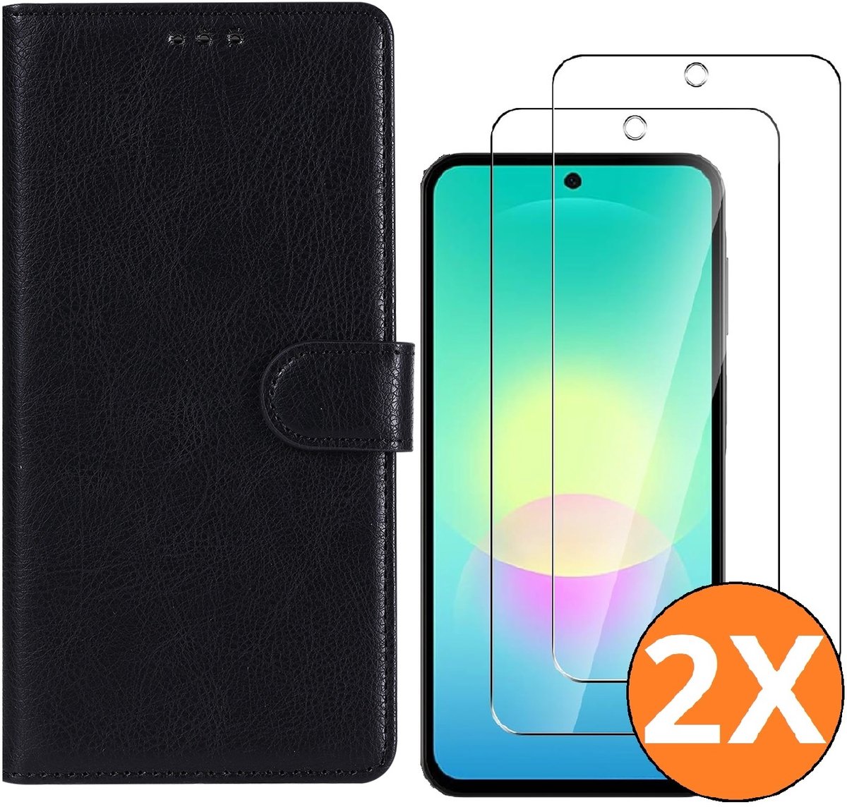 Hoesje geschikt voor Samsung Galaxy A27 5G Hoesje Zwart met Pasjeshouder + 2x Screenprotector Tempered Glass – Schokbestendige Wallet Telefoonhoes