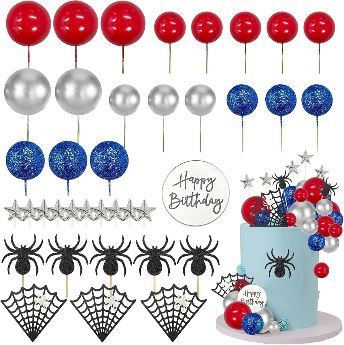Taartdecoraties voor jongens, cartoonfilm thema taarttopper, cupcake toppers met rood zilver blauwe ballen spinnenweb sterren decoratie, 37 stuks verjaardagstaart decoraties set voor kinderen