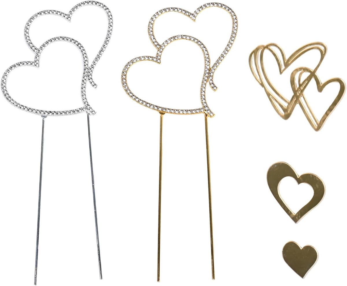 2 stuks taartdecoraties met dubbel hart van kristal, 2 taarttoppers met dubbel hart van acryl, elegante accessoires voor bruidstaart, verjaardag, feest en viering