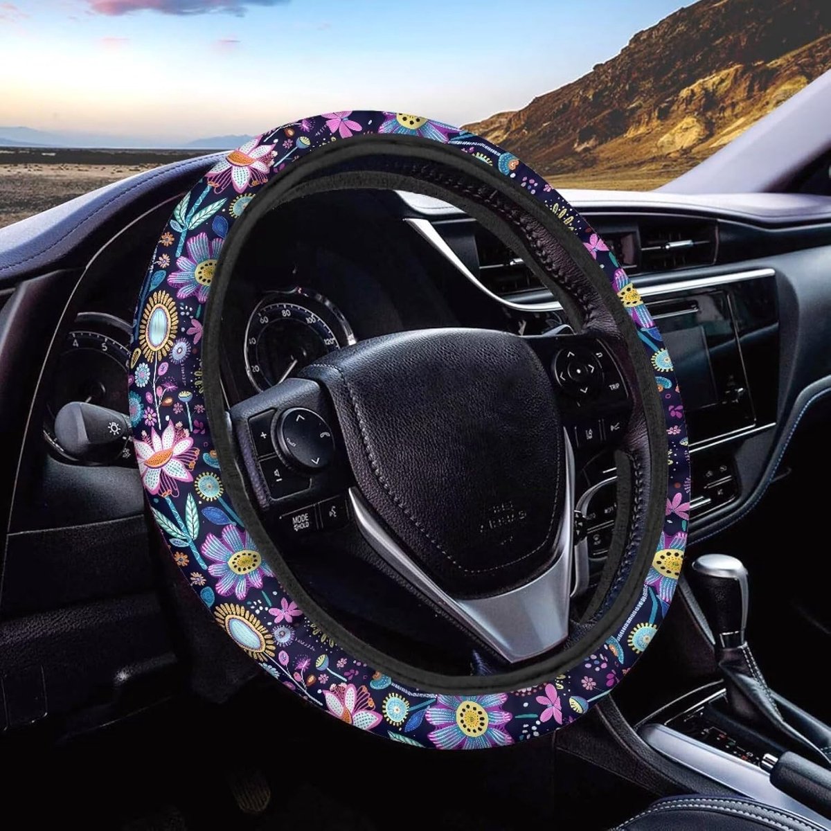 Zachte Elastische Auto Stuurhoes voor Vrouwen, Universele 15 Inch Anti-Slip Eenvoudig te Installeren Auto Accessoires, Hippie Bloem Lotus Violet Blauw