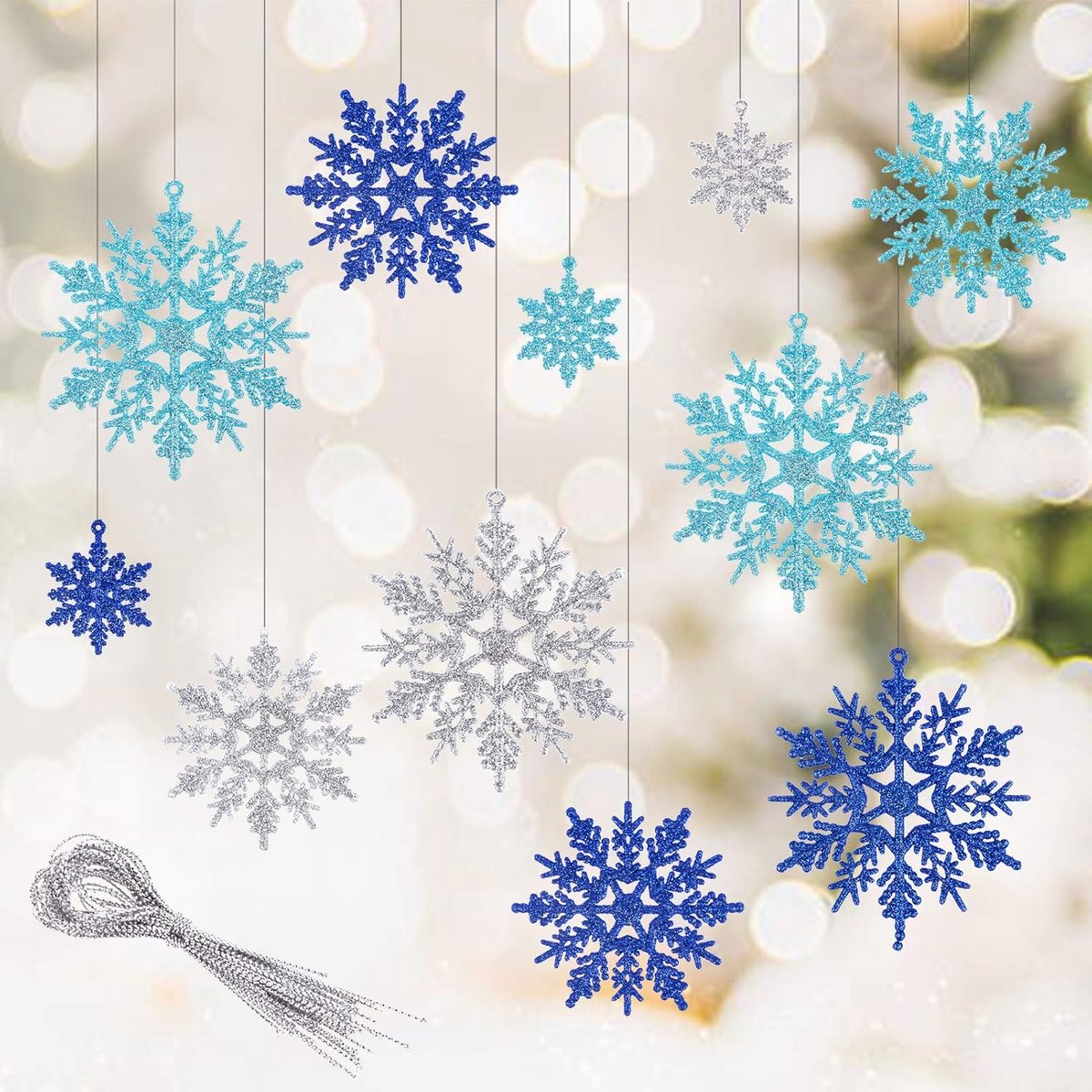30 stuks kerstsneeuwvlok ornamenten, hangende glitter sneeuwvlok voor kerstboom en slinger decoraties (blauw, lichtblauw, zilver)
