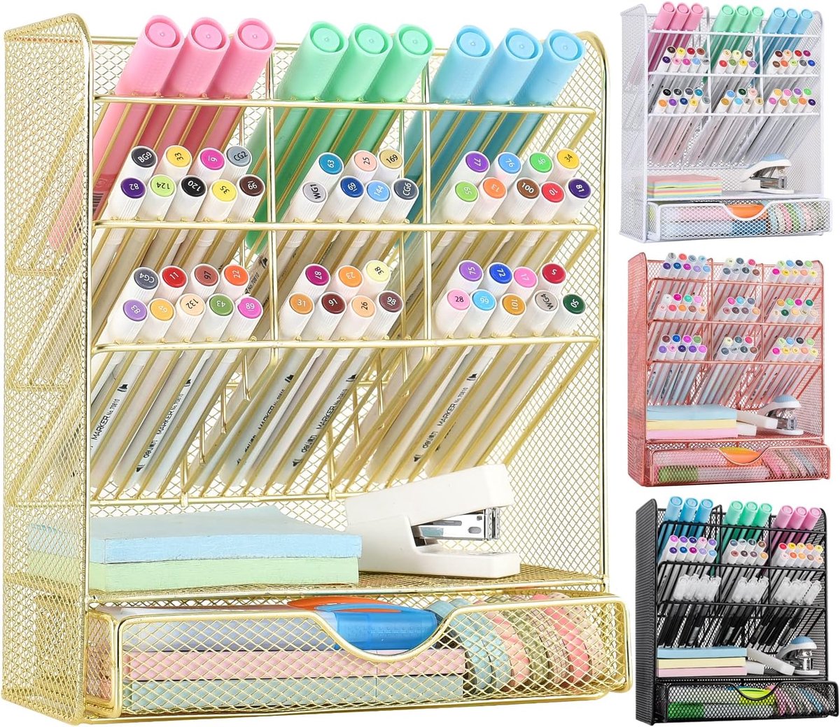 Mesh Pen Organizer - Pencil Holder for Desk, Desk Organizer with Drawer for School, Home, Art Supplies (Gold)