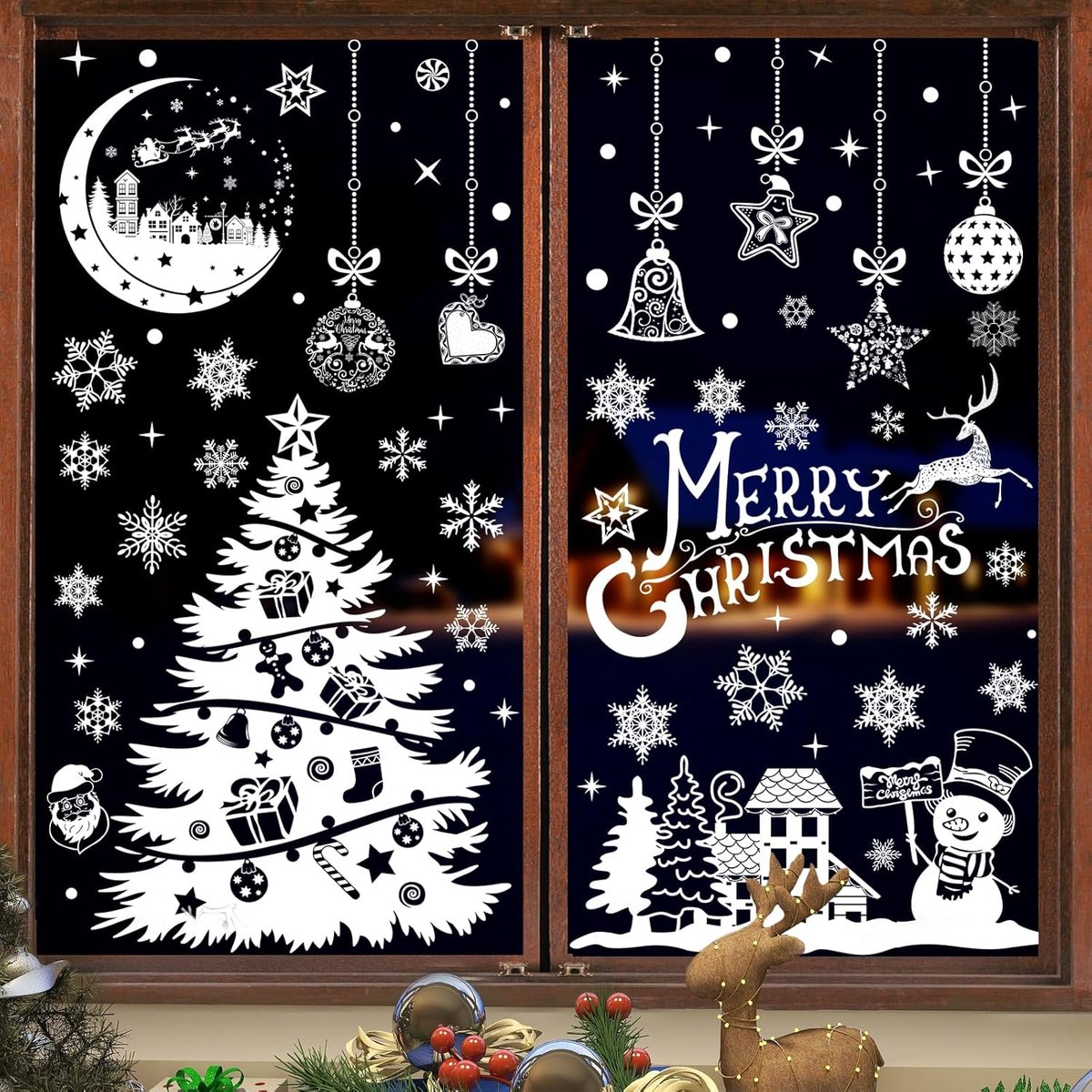 Raamstickers Kerst Zelfklevende herbruikbaar - 202 stuks groot Dubbelzijdige Raamstickers Kerst, 9 vellen kerstscène kerstsneeuwvlok rendierstickers, raamstickers voor kerstversiering PVC