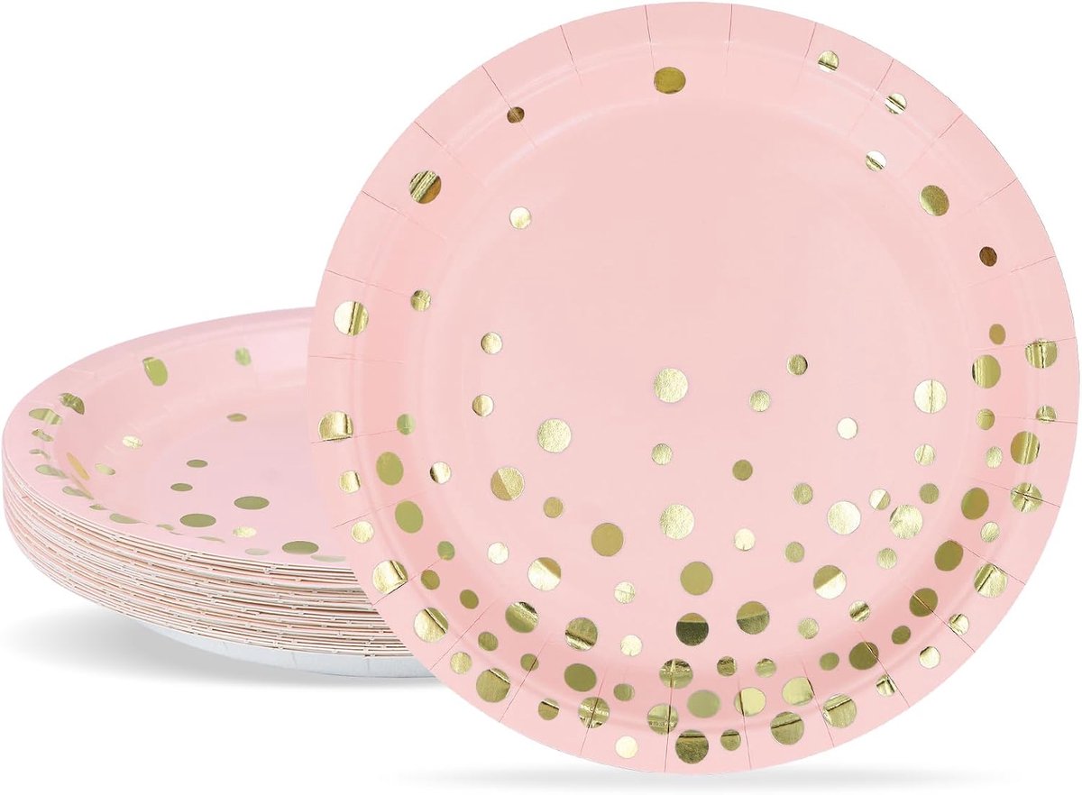 Papieren bordenset, roségoud, 18 cm, dessertborden, 24 stuks, papieren borden, feestserviesset voor babyshower, geslachtsonthulling feest, Valentijnsdag