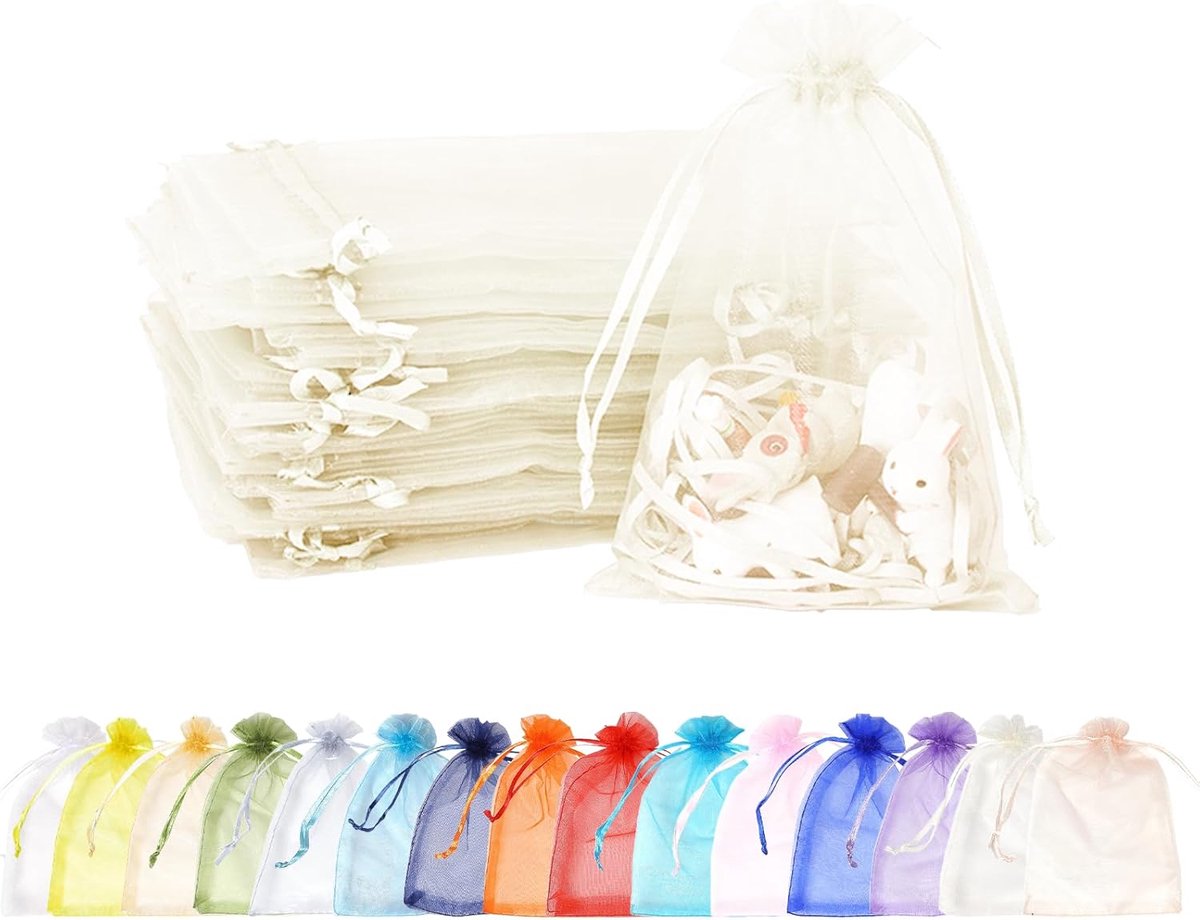 100 stuks ivoorwitte organza geschenkzakjes, 10 x 15 cm kleine organza gunstzakjes, trouwsieradenzakjes met trekkoord, mesh snoepzakje voor feestjes, zoete zakjes voor verjaardag, bruiloft, Kerstmis,