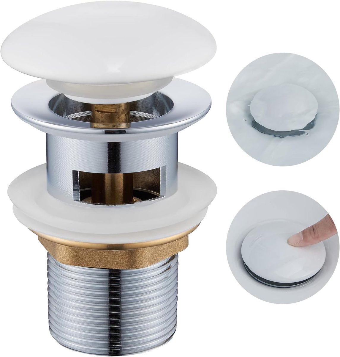Afvoerset met Overloop, Keramische Pop-up Afvoerset Voor Wastafel & Wastafel, Moderne Universele 1 1/4 Inch Wastafelstop, Wit | Keramische wastafelstop, anti-verstopping, dubbele afdichting, modern universeel design, voor wastafel en wastafel