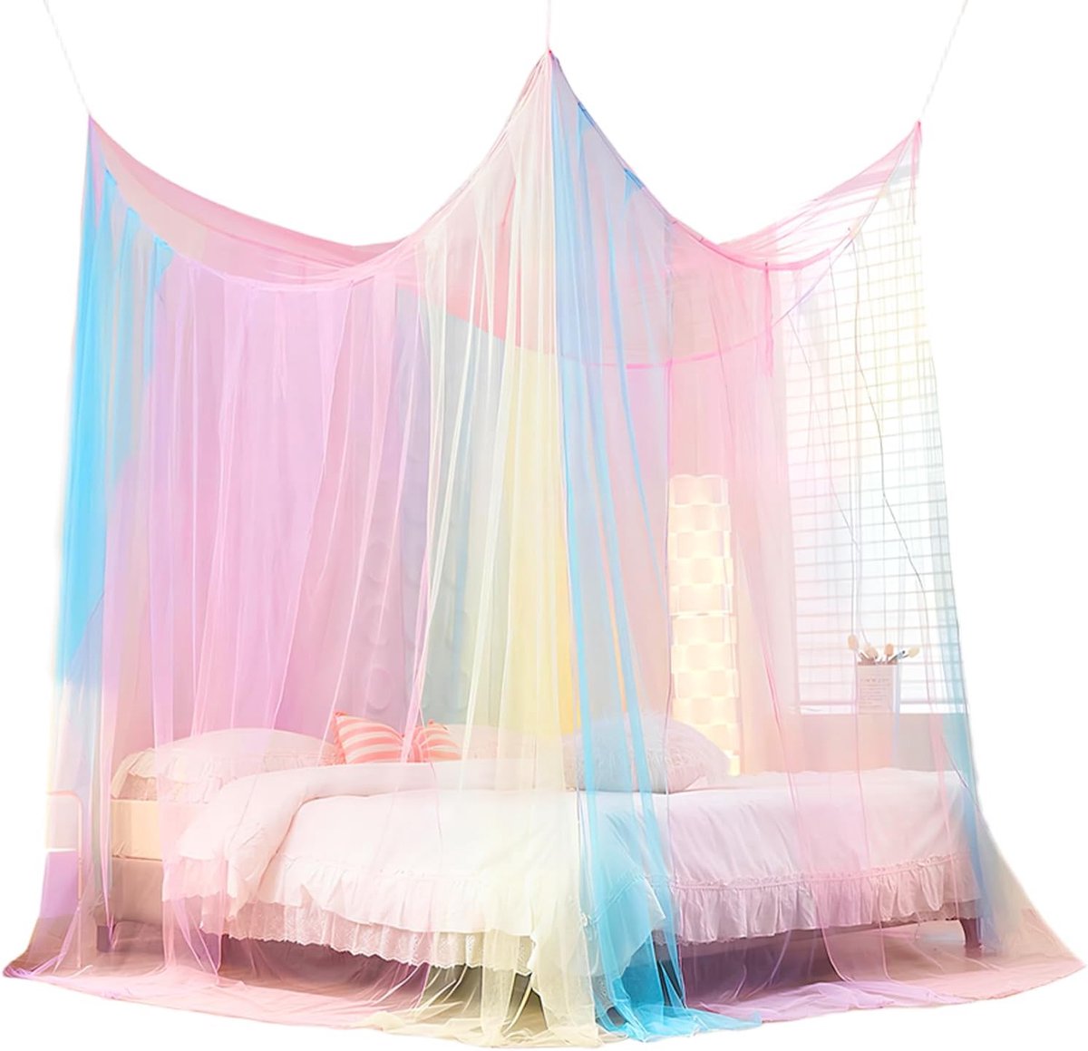 Muggennet bed XXL, klamboe reizen outdoor, klamboe tweepersoonsbed eenpersoonsbed, bedhemel rechthoekig, muggennet bed, hemelbed gordijnen terras (kleurrijk: 4 deuren, 240x240x190cm)