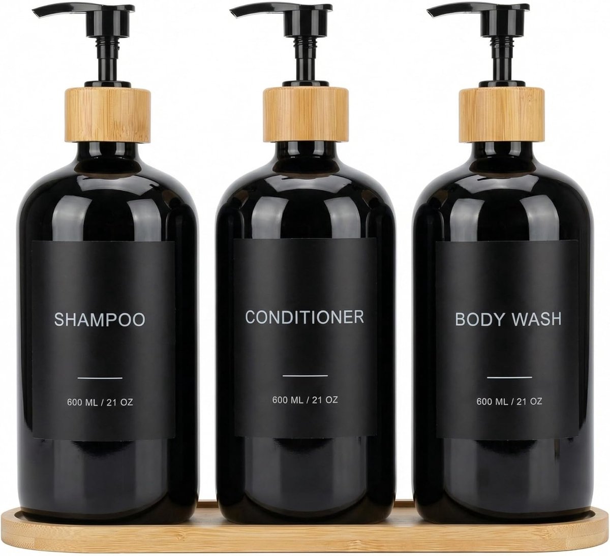 Shampoo- en conditionerdispenser, set van 3 stuks, 600 ml, navulbare PET-doucheflessen met bamboe-kunststof pomp, bamboedienblad, trechter en etiketten, douchegeldispenser voor douche (zwart)