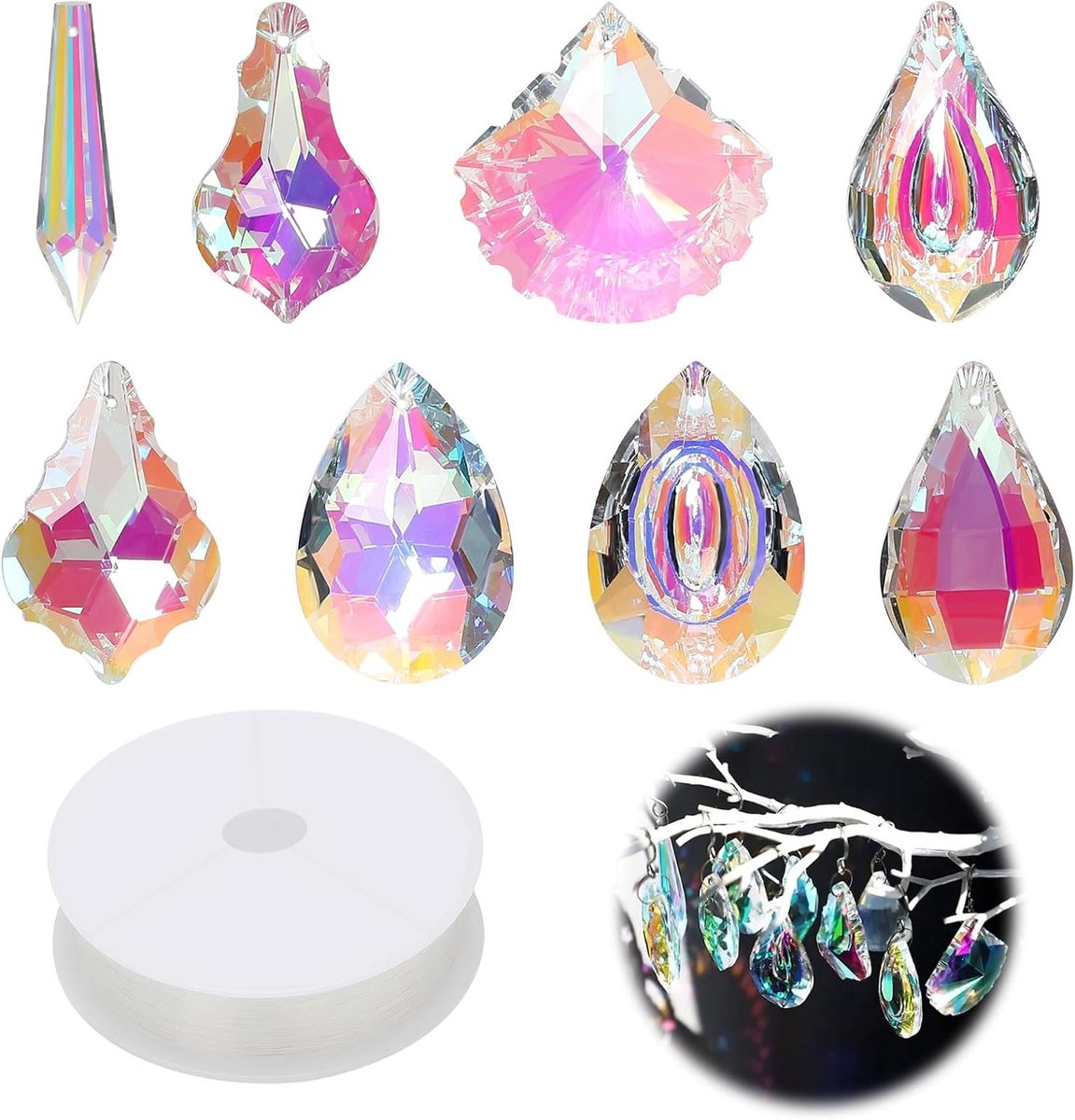 8 stuks Suncatcher kristallen, kristallen kralen voor het maken van een zonnevanger, zonnevanger kristallen hangend ornament met sieradenkoord voor raam, ophanging, tuindecoratie