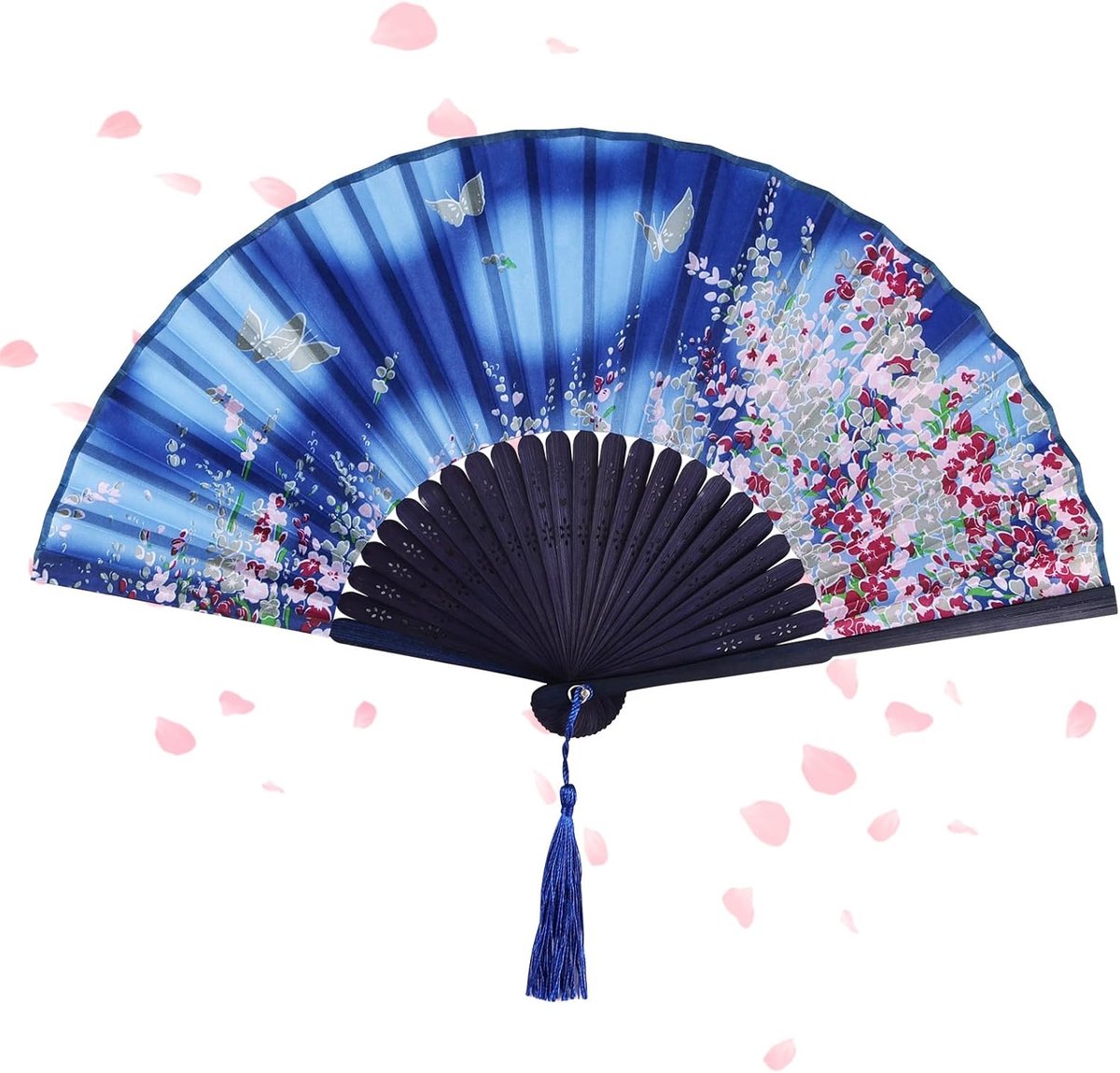 Handwaaier, opvouwbare waaier voor afkoeling in de zomer, bamboewaaier met kwast, Chinese handwaaier voor verjaardagscadeaus, dansen, cosplay, rekwisieten, decoratie (blauw)
