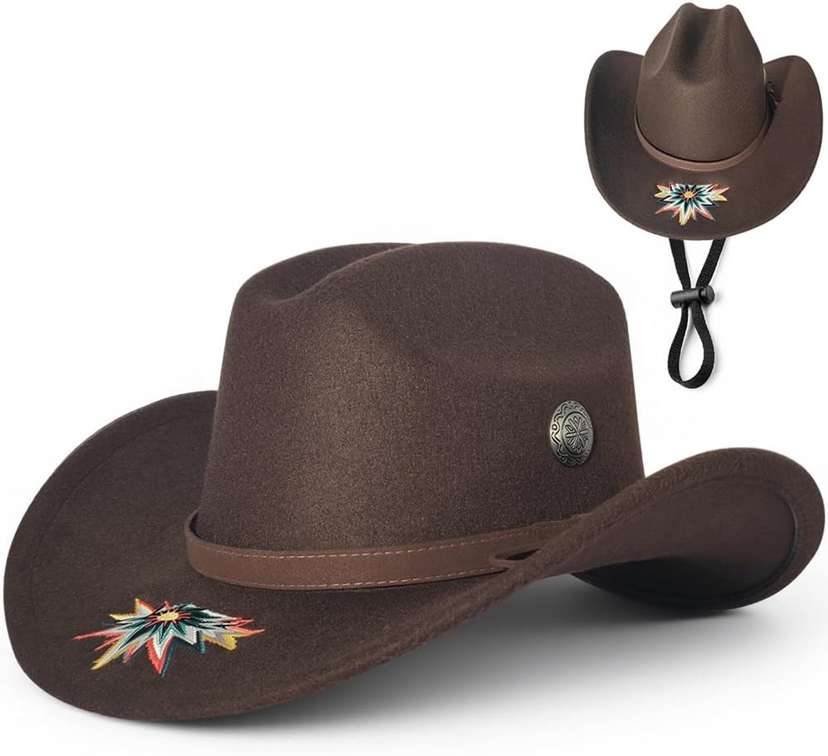 Cowboyhoed voor dames en heren van vilt, westernhoed met gesp, geborduurd design en brede rand, lichte Texaanse hoed voor carnaval, festivals, feesten en bescherming tegen de zon.