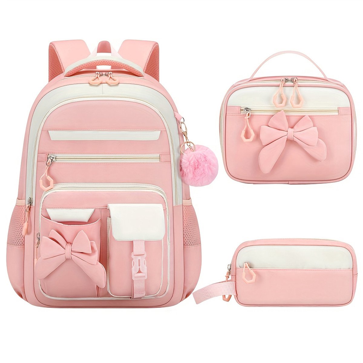 Rugzak voor meisjes, 3-delige set, inclusief lunchtas en etui, leuke rugzak voor kinderen en tieners, geschikt voor kleuterschool, basisschool, peuterspeelzaal en middelbare school (roze).
