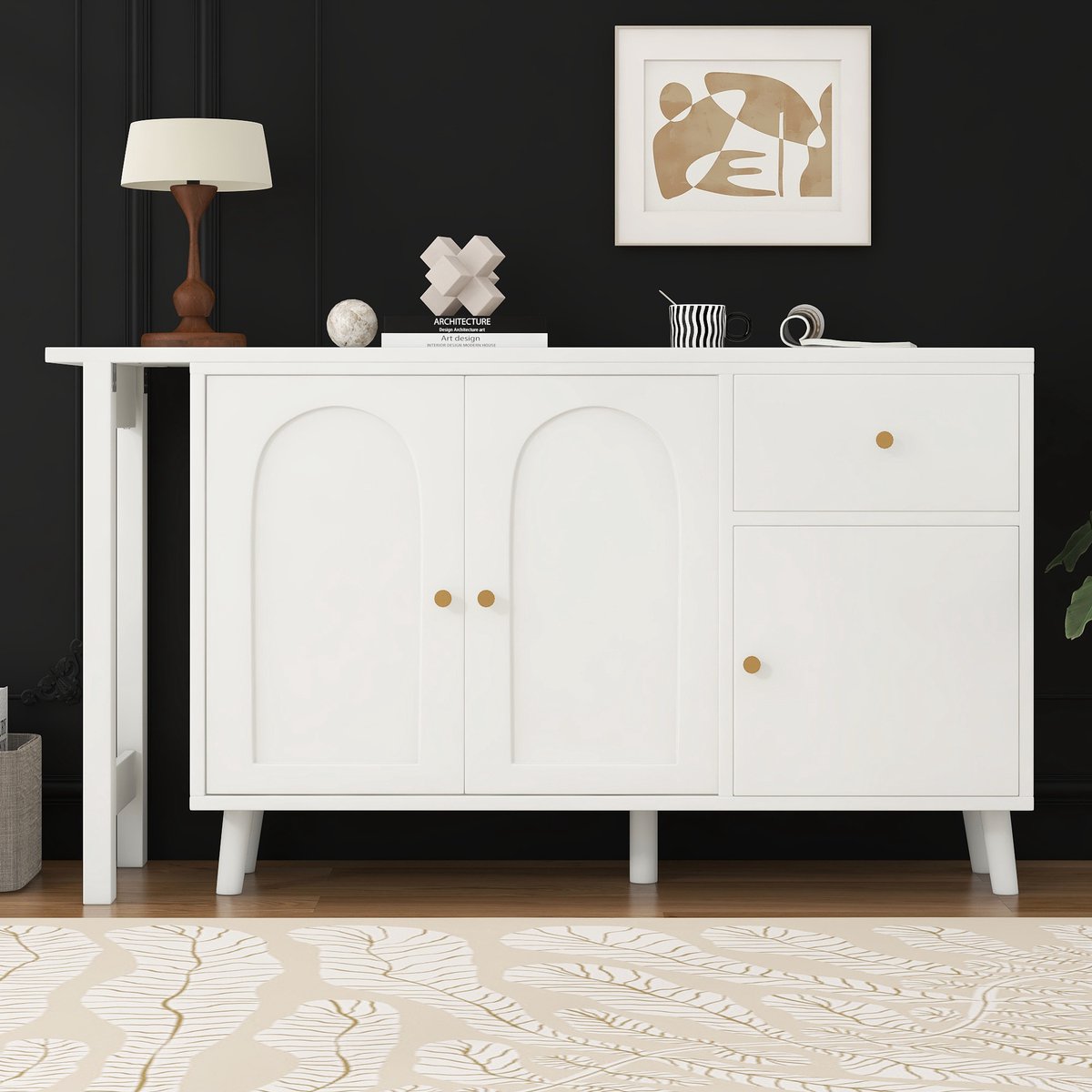 DESMIU Bureau - 2-in-1 Draaibaar Bureau Met Sideboard - 3 Deuren En 1 Lade Voor Woonkamer Of Thuiskantoor - Spaanplaat - 120x40x74,5 Cm - Wit