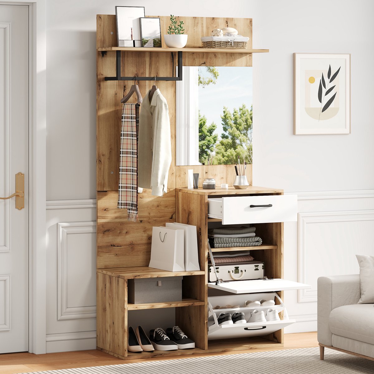 COVREO Schoenenkast 100x38,5x190 cm wit en naturel, spaanplaat met spiegel