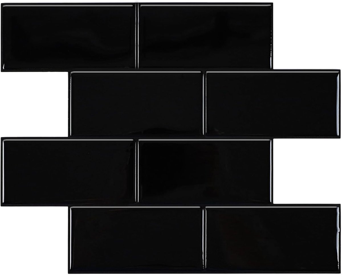 3D-tegelstickers voor badkamer en keuken, zelfklevend zwart metrotegel design, wanddecoratie (25,4 x 25,4 cm, 10 stuks)