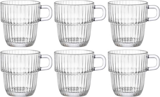 Six verres transparents côtelés, empilables, avec anse.