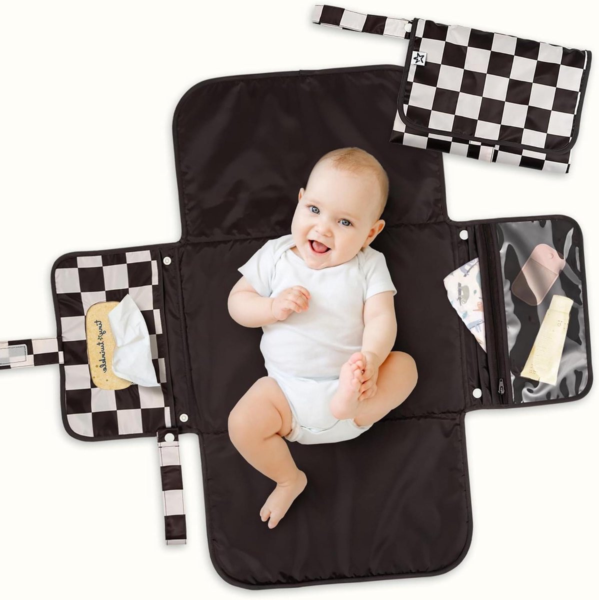 Draagbaar Luierkussen - Opvouwbaar Matje - Baby Verzorgen - Met Organizer Vak - 71 x 67 cm - Zwart Ruitjes