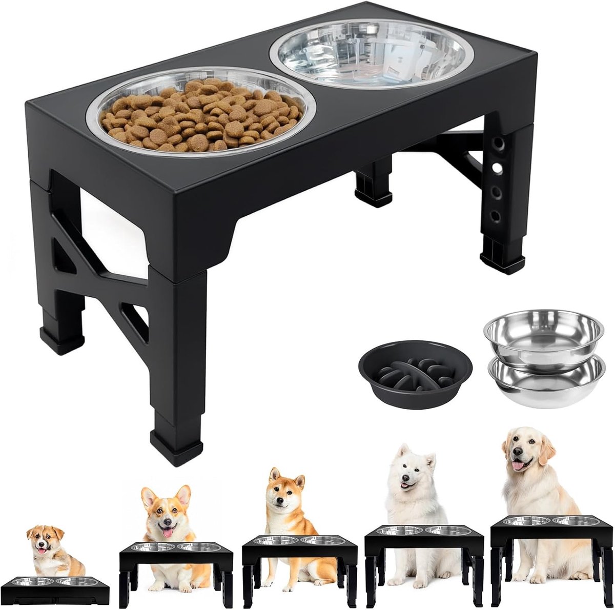 SnelShoppen - Verhoogde Voerbak voor Honden met Verstelbare Hoogte 8-31cm, Langzame Eet Voerbak, 2 RVS Bakken, Opvouwbaar Antislip Rek, Geschikt voor
