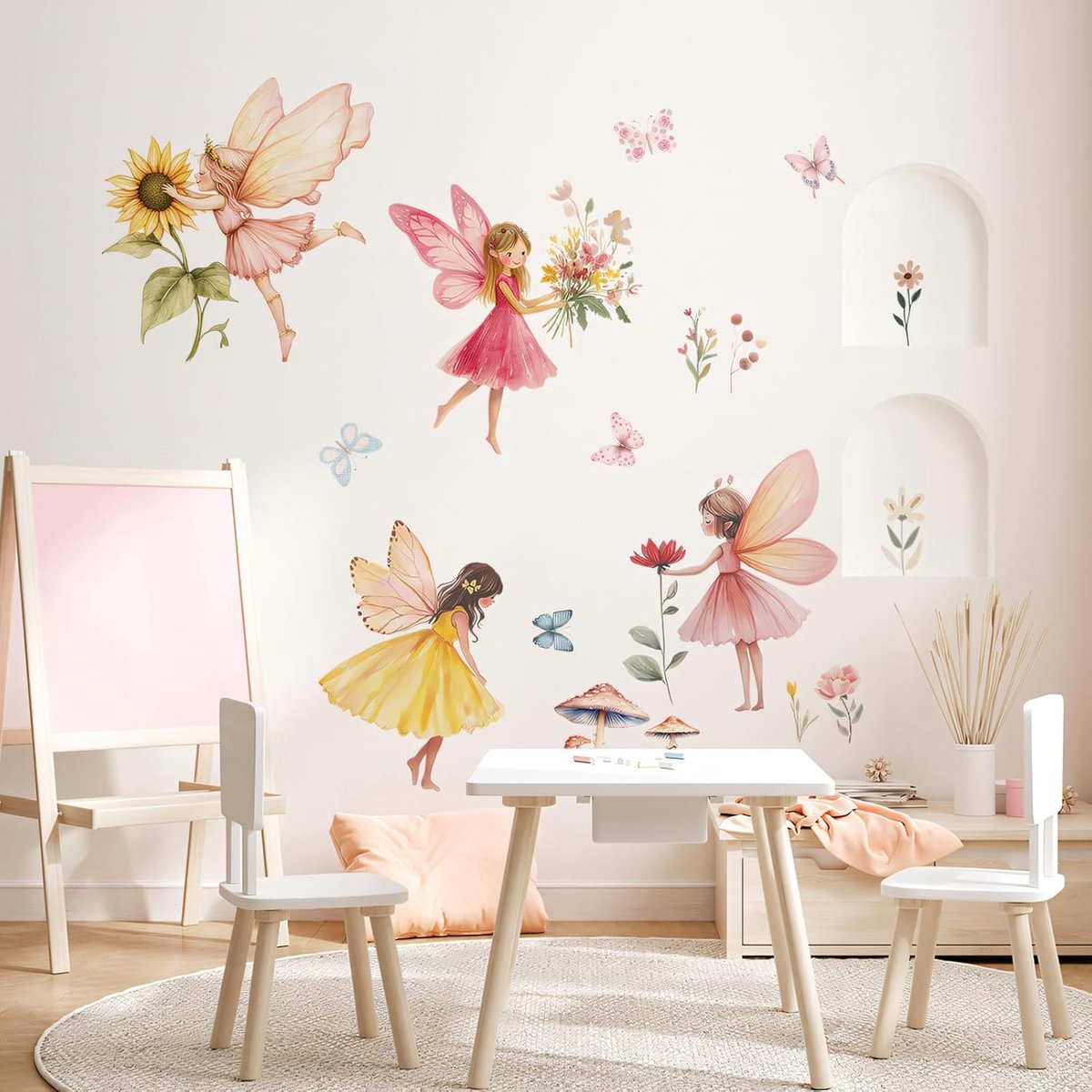 SnelShoppen - Muursticker voor Kinderkamer Meisjes, Feeën, Bloemen, Vlinders, 4 Vellen PVC Muurstickers, Waterdicht en Zelfklevend, Elfenwanddecoratie