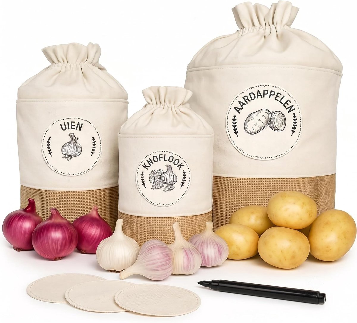 SnelShoppen - Aardappelopbergdoos 3-delige set - Duurzame stoffen zakken voor aardappelen, uien en knoflook - Ademend en praktisch voor keuken en opsl