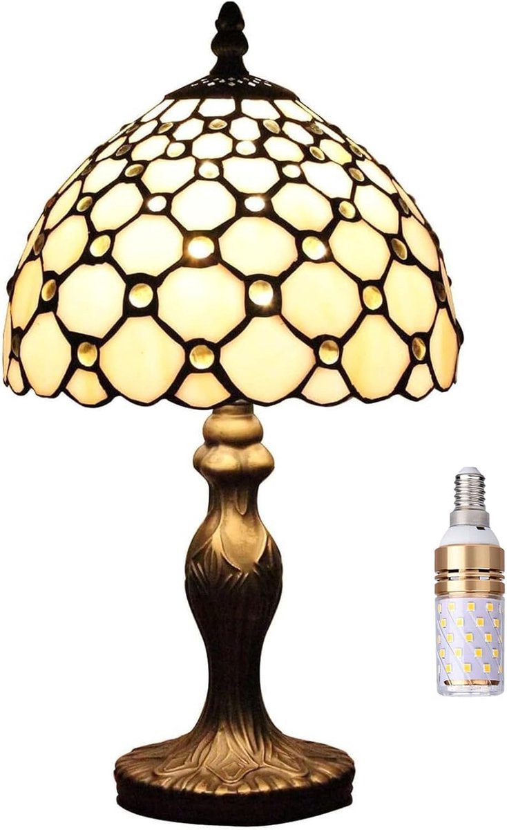 SnelShoppen - Tiffany-stijl Tafellamp 20 cm - Antieke Glas-in-Lood Kralen Lampenkap - Vintage Bureaulamp voor Slaapkamer, Woonkamer en Kantoor - Retro