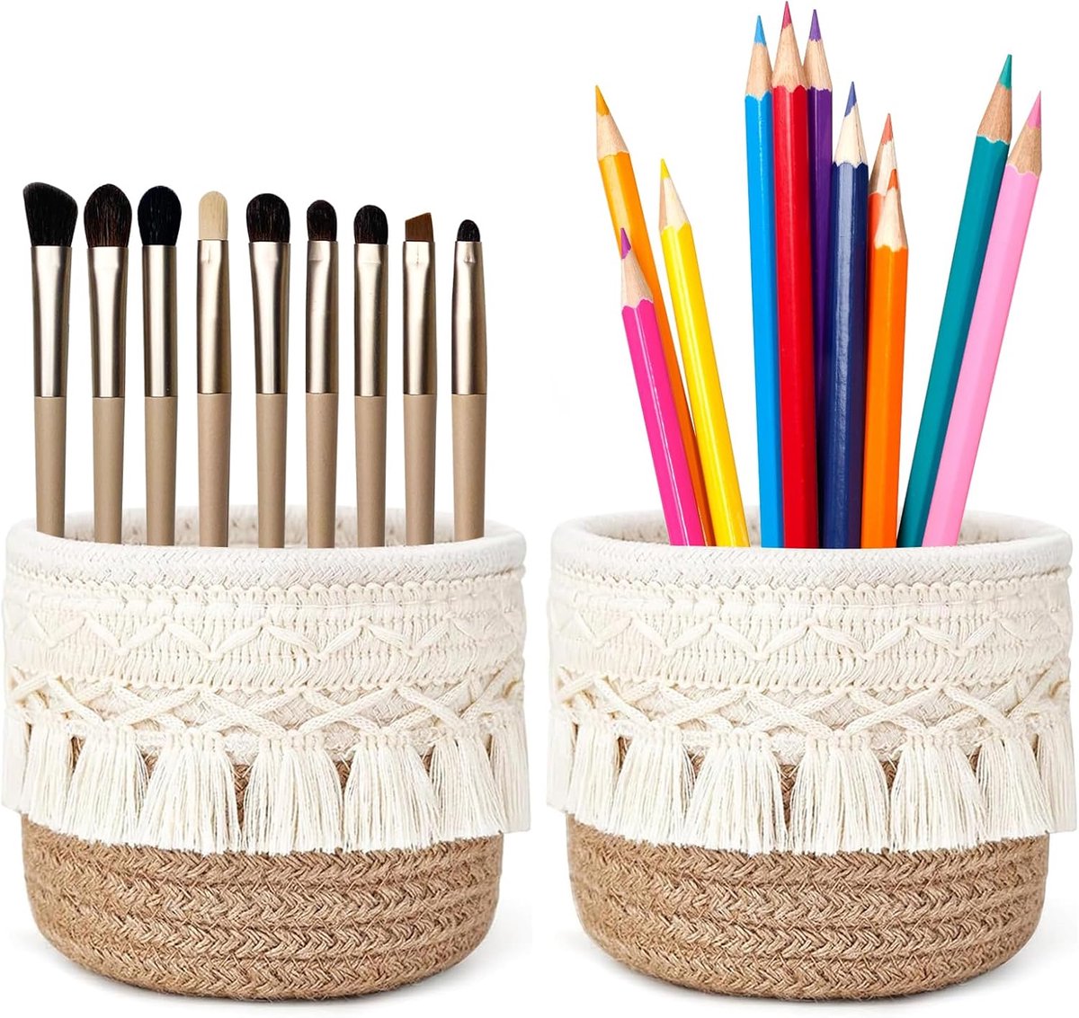 SnelShoppen - 2 stuks penseelhouders cosmetische manden opslag 10 cm x 10 cm | Gevlochten kwasten houder bureau organizer voor kamkwasten, pennen en p