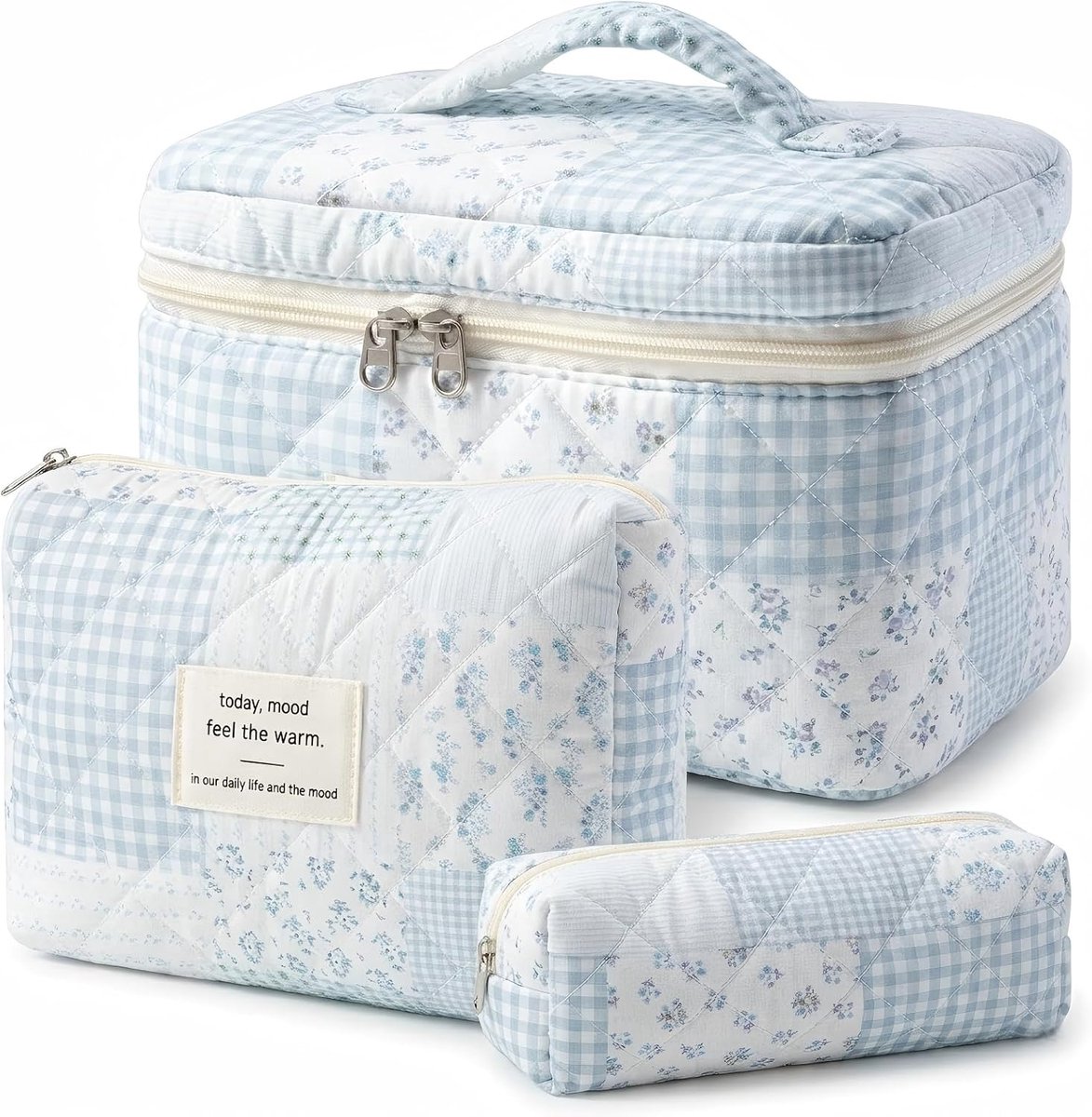 Set van 3 make-uptassen, toilettas voor dames met bloemenpatroon, gewatteerde toilettas, make-uptas, reizen, draagbare - ShopVlot