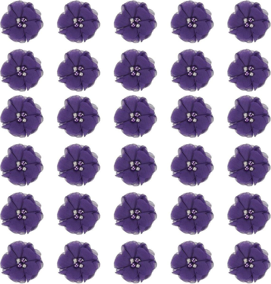 5 cm Chiffon Bloemen, 30 Stuks Rhinestone Parels, Stof Floral Kunstmatige Applicaties voor Kleding, Bruiloft DIY Handwerk en Haarbanden Versiering, Donkerpaars