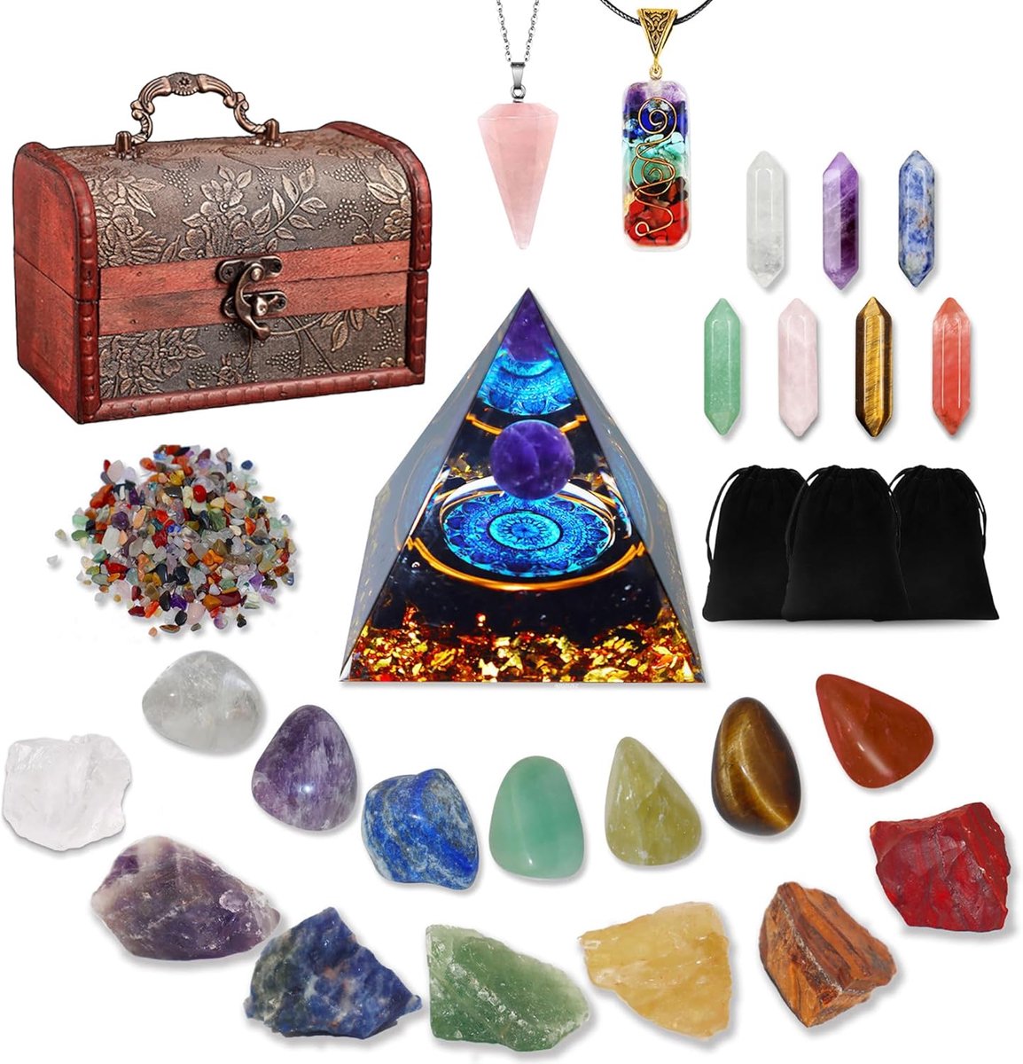 Set van 29 kristallen edelstenen, kristallen helende stenen set met 7 ruwe chakra en 7 trommelstenen, 7 kogelvormige chakra-stenen, 2 kristallen halskettingen, kristalpiramide, chakra-stenen set,