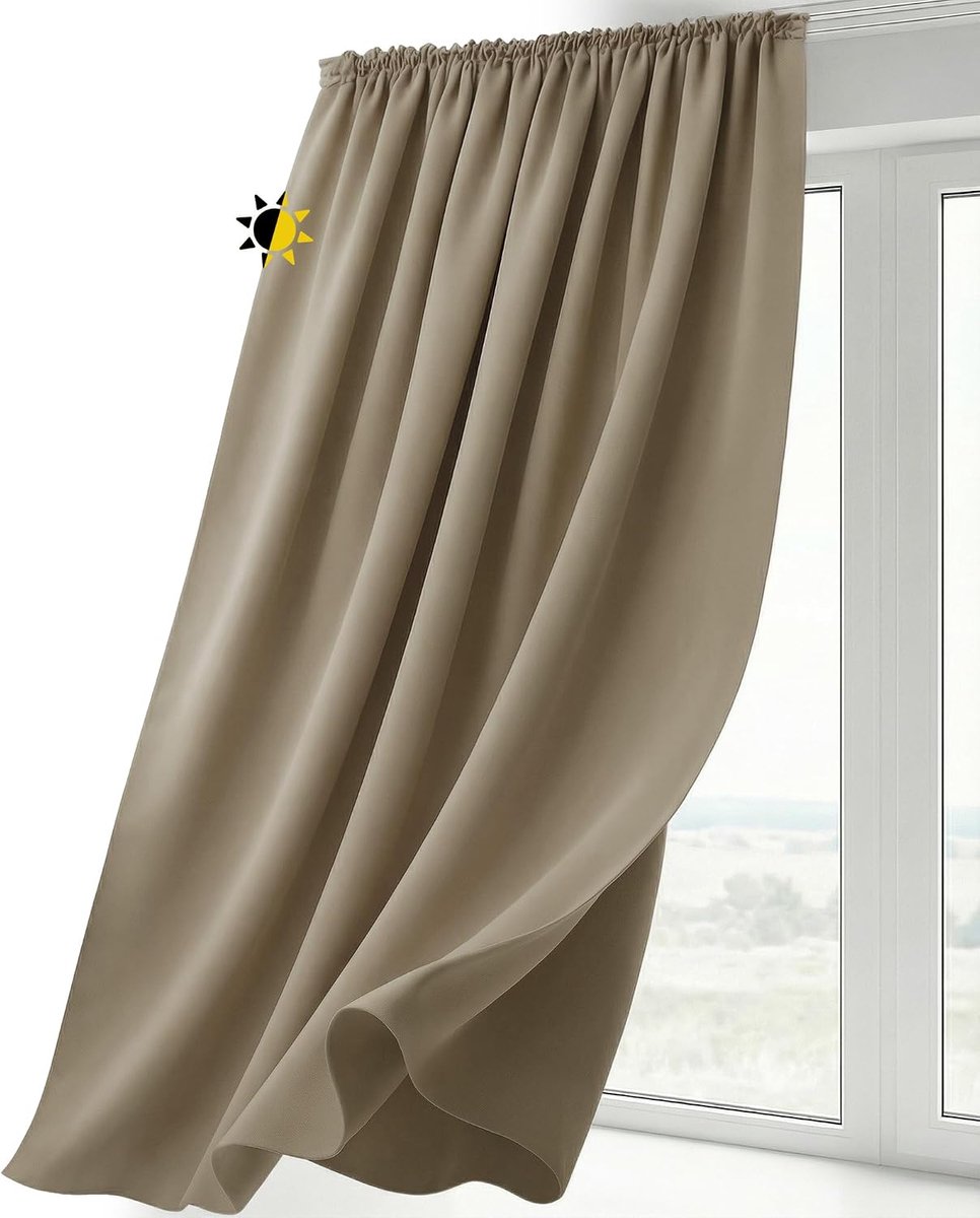 gordijn met krulband U-band, gordijn verduisterend ondoorzichtig, maat en kleur naar keuze (breedte 140 cm. hoogte 225 cm, Lichtbruin)