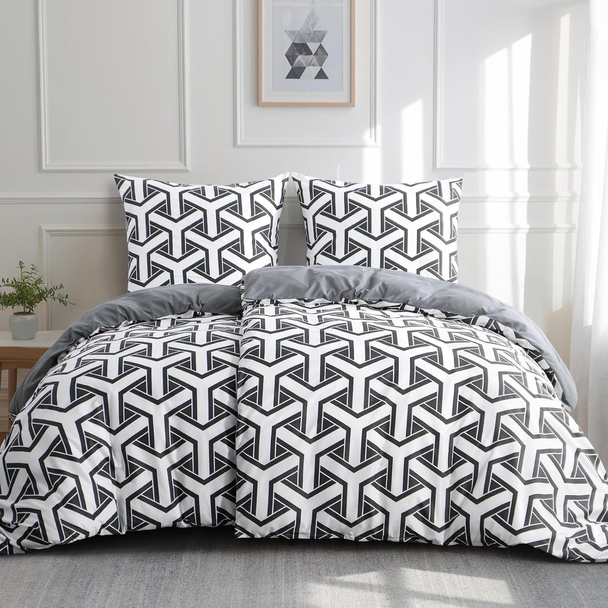Beddengoed, 135 x 200 cm, 4-delig, beddengoedset met geometrisch grijs patroon met 2 kussenslopen van 80 x 80 cm, 2-delig microvezel dekbedovertrek met ritssluiting, strijkvrij en zacht
