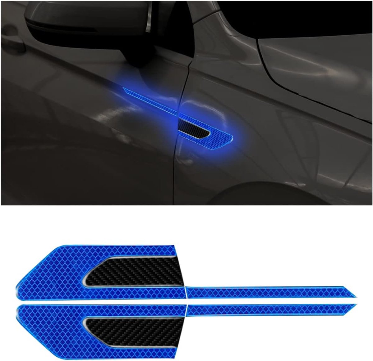 2 stuks koolstofvezel auto reflecterende stickers, 3D hoge intensiteit nachtzicht stickers, reflecterende auto spatbordstrips, veiligheidswaarschuwing voor auto (blauw)