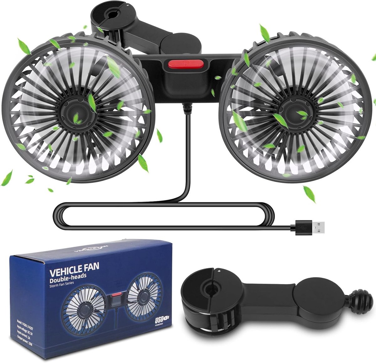 5 V 2 A dubbele kop, hoofdsteun, 3 standen instelbaar, autoventilator voor achterbank, 360 graden draaibaar, USB-ventilator voor de auto, achterbank, autoventilator voor auto's