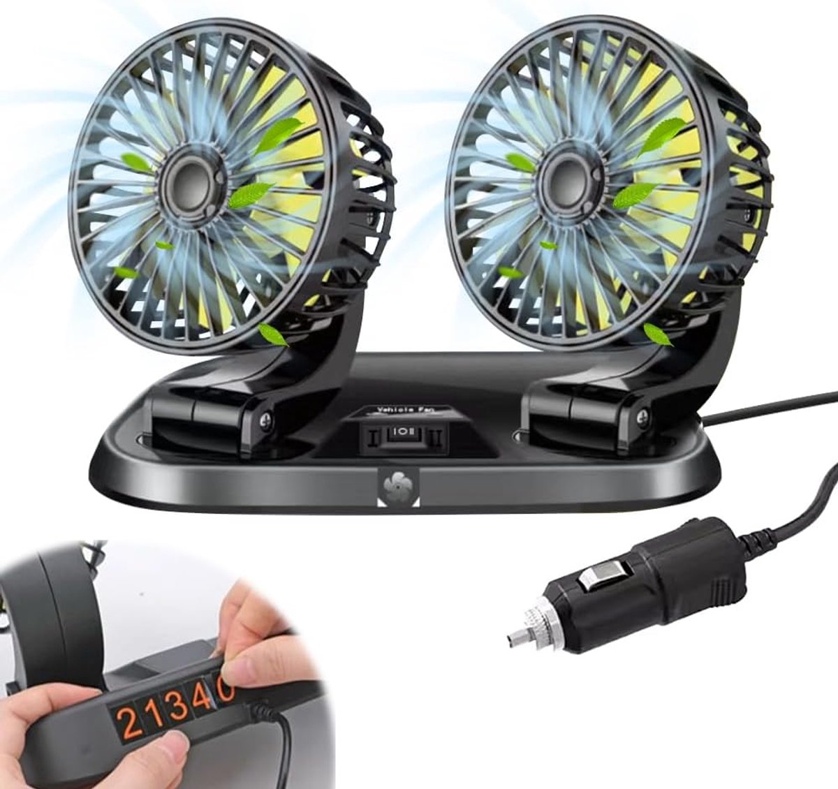 Autoventilator, 12V dubbelkop autoventilator, autoventilator met 2 snelheden & 360°-draaiing, dubbele ventilator, instelbare ventilator voor auto SUV RV boot camping