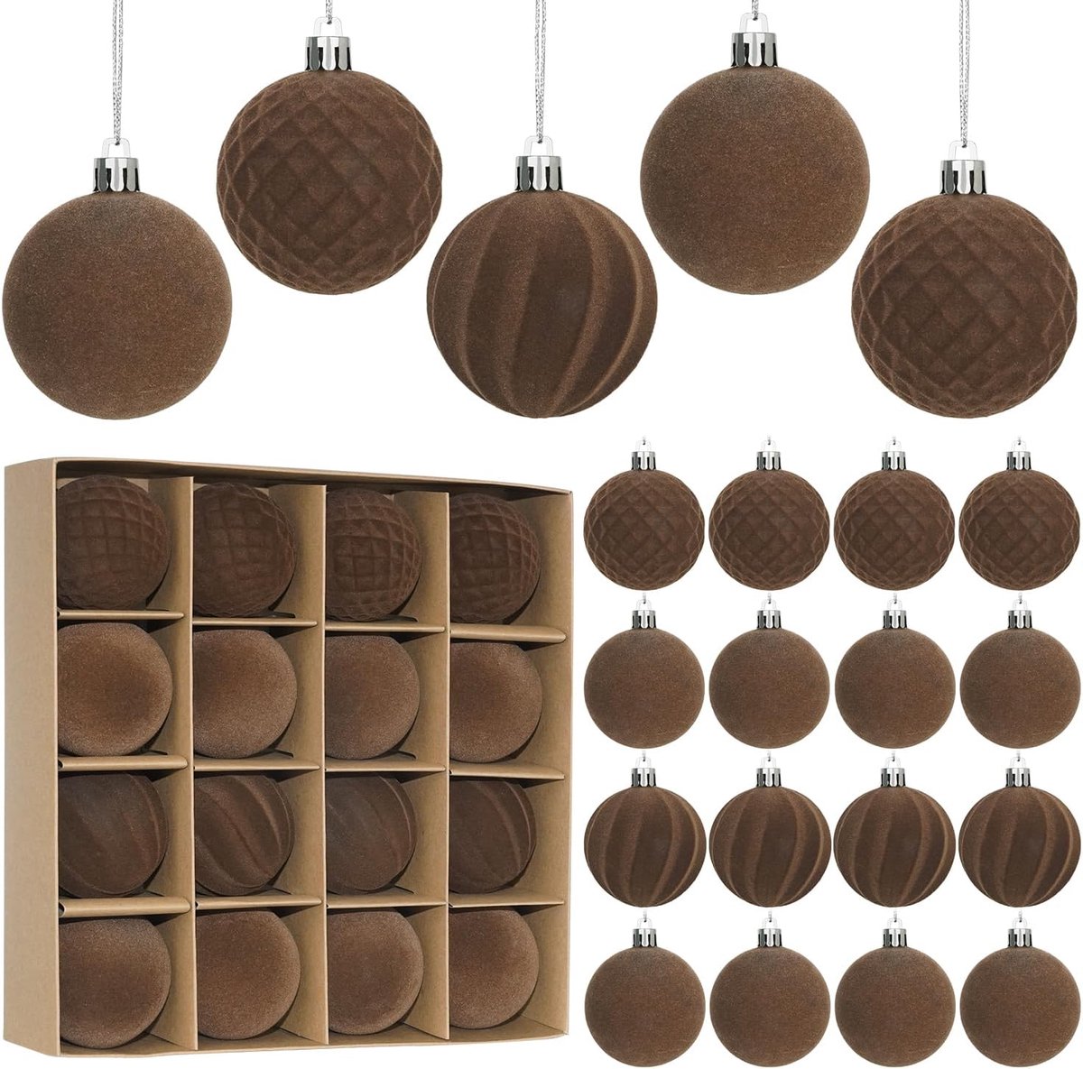 Kerstballen Hangende Ornamenten Set, Voorgebonden Onbreekbare Plastic Beflierde Kerstballen Kerstdecoraties Festival Vakantie Feestdecoratie (Bruin, 6 cm)