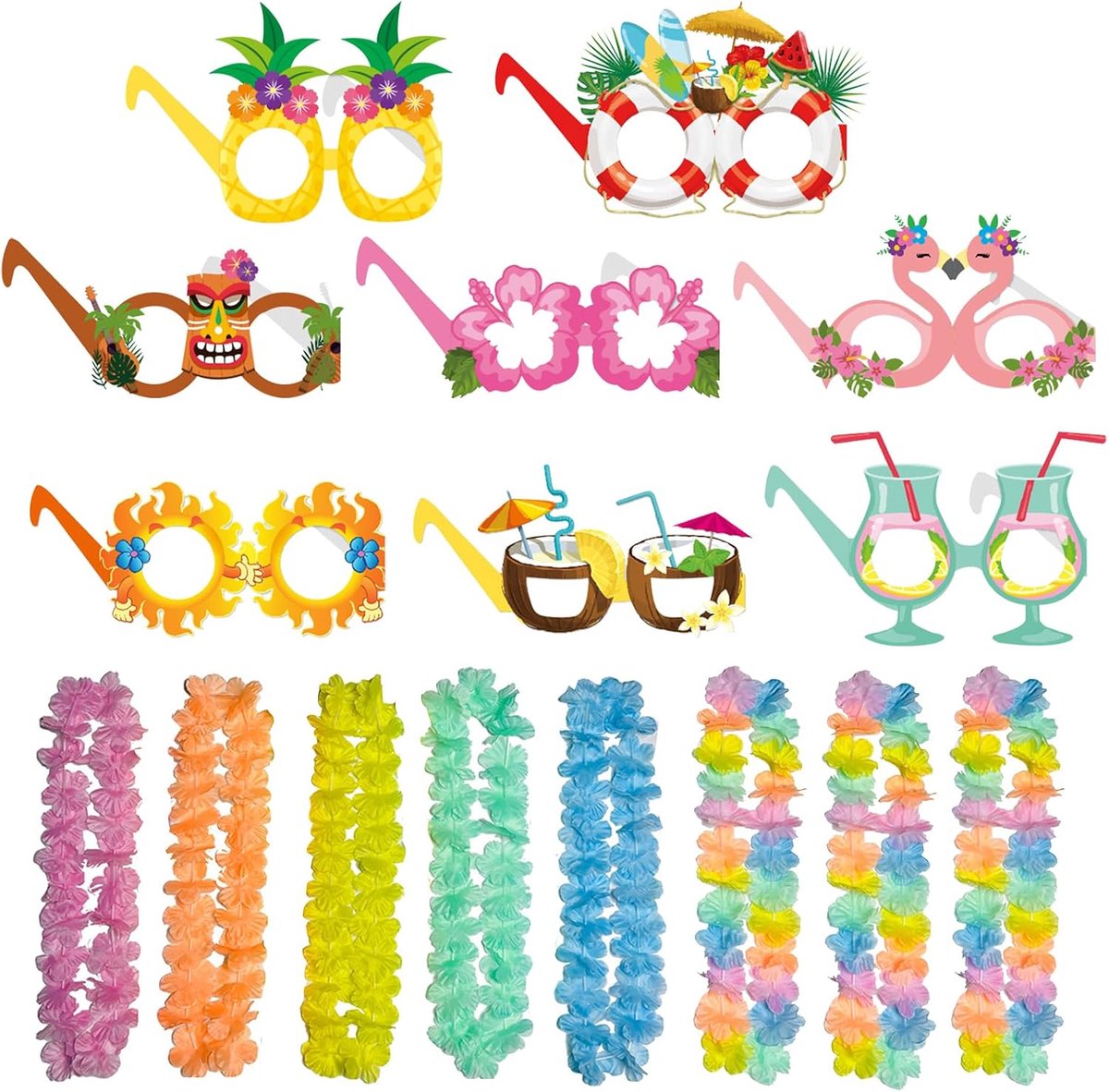 8 stuks Hawaiiaanse partybril met 8 stuks, Hawaiiaanse leis, meerkleurig, papieren bril, tropisch, Hawaii-bril, party, mode, volwassenen, kinderen
