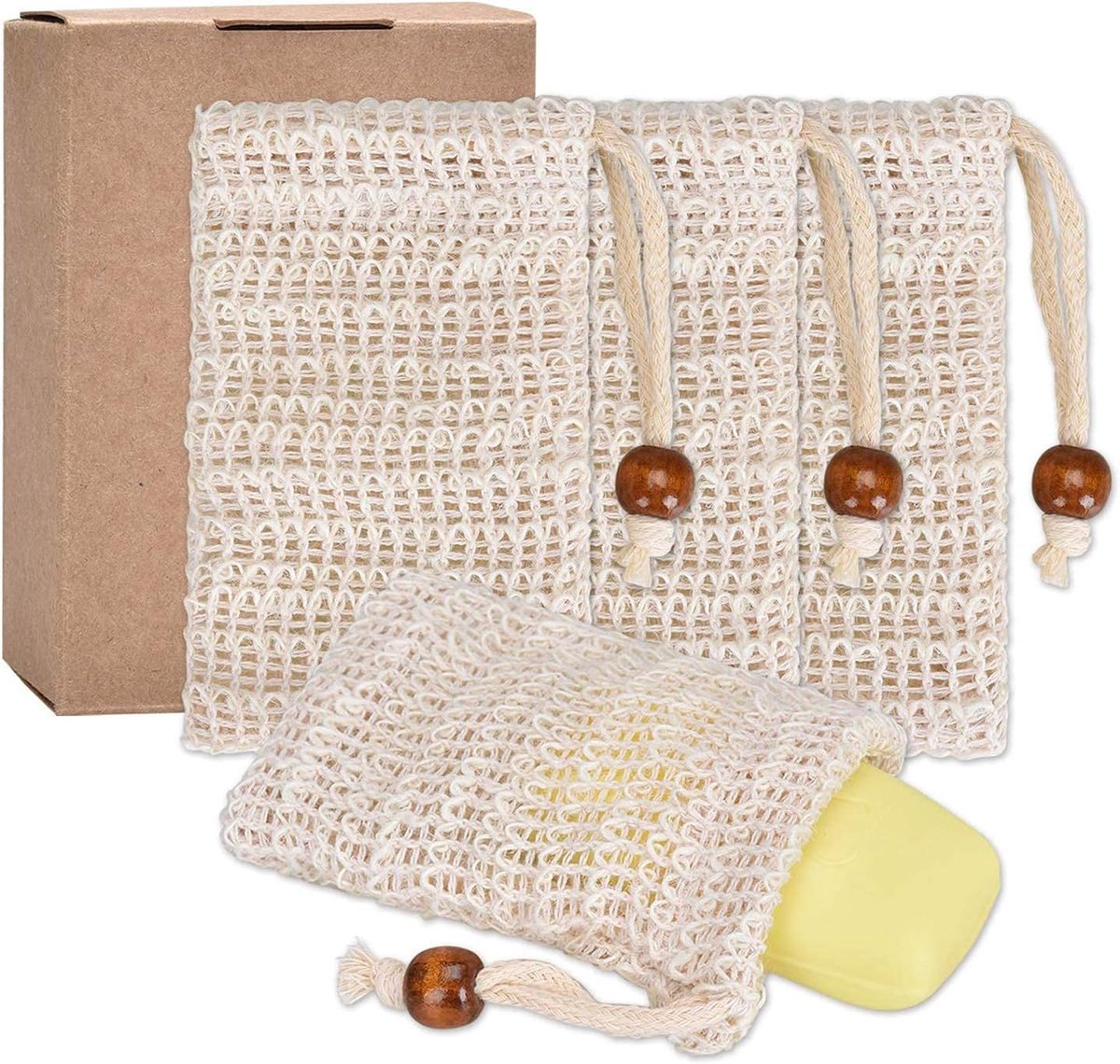 4 x biologisch zeepzak, sisal, natuurlijk opschuimen en drogen van zeep, peeling, massage