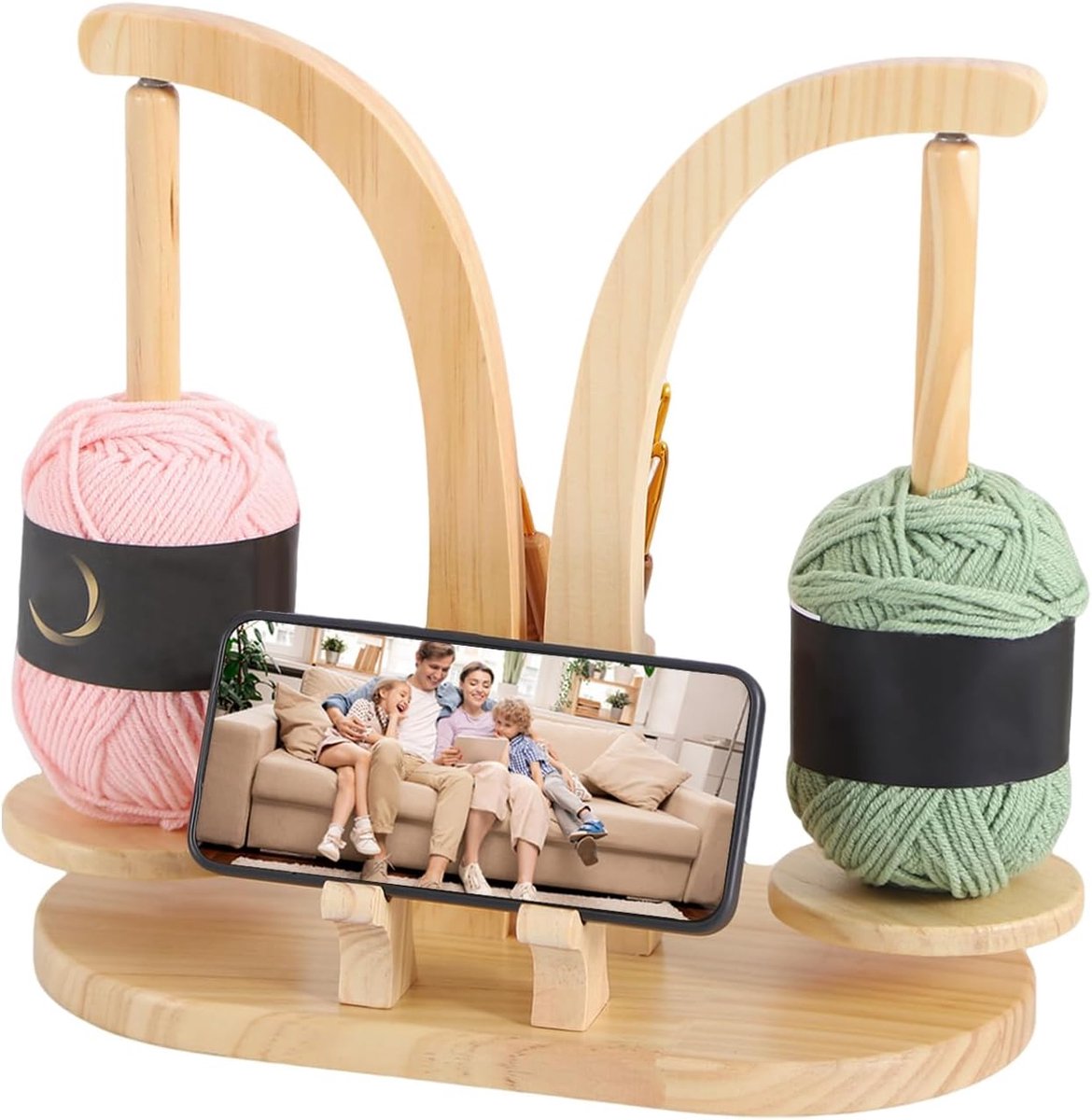 magnetisch, van hout, met gebreide accessoires, organizer, roterende garenhouder voor wol, inclusief telefoonhouder voor haakliefhebbers (natuurlijk hout)