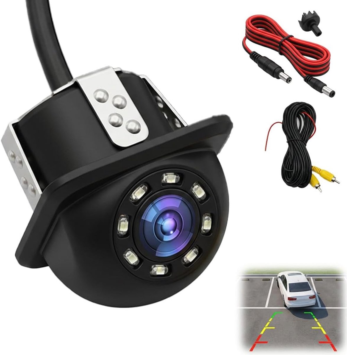 SnelShoppen - HD Auto Achteruitrijcamera met 8 LED Nachtzicht, 170° Fish-Eye Hoek, IP68 Waterdicht, Compleet Set met RCA Kabels, Universele Parkeerhul