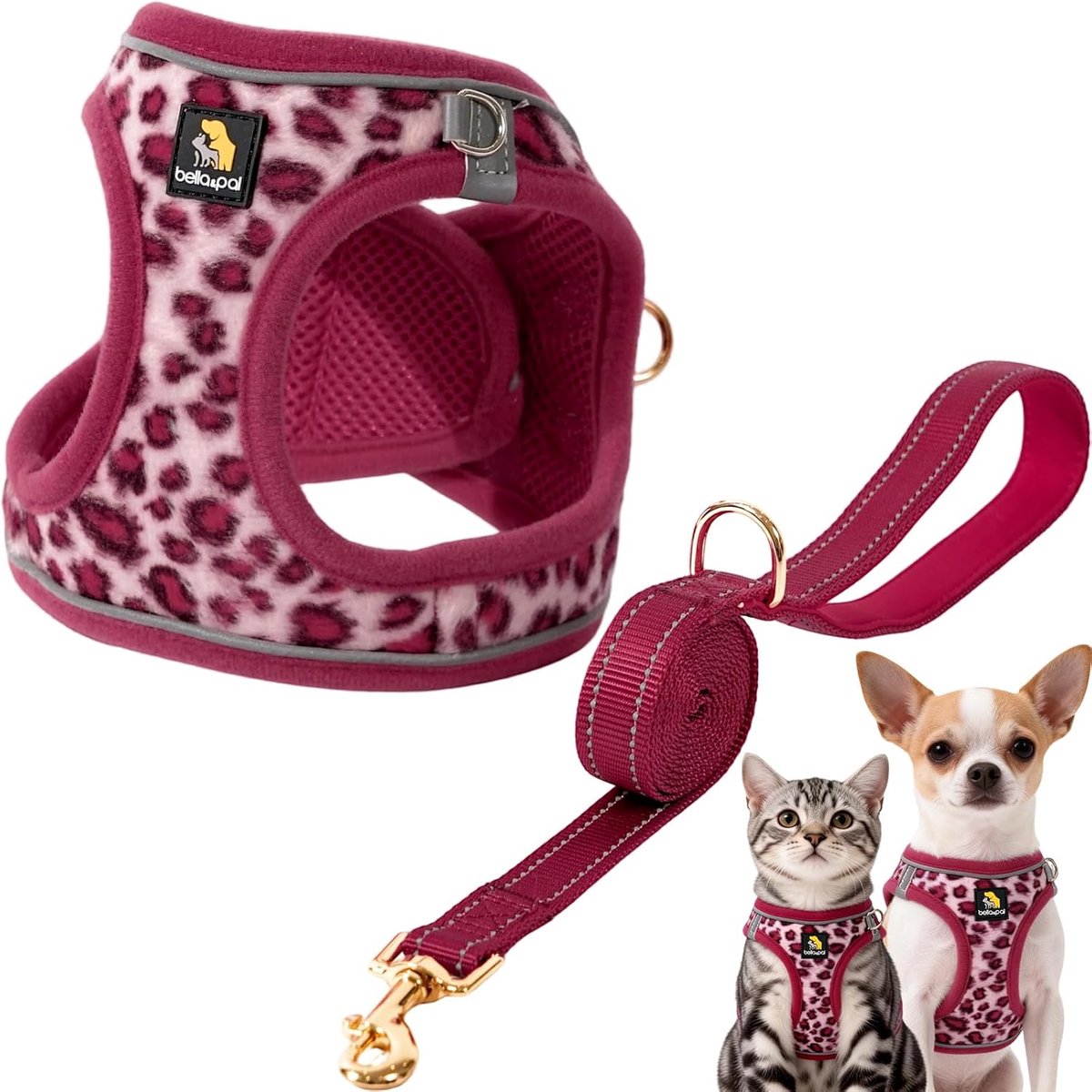 SnelShoppen - Step-in Puppyharnas en Leash Set - Ademend Air Mesh, Reflecterende Strips, No-Pull Vest voor Kleine Honden, Roze Luipaard, Maat S