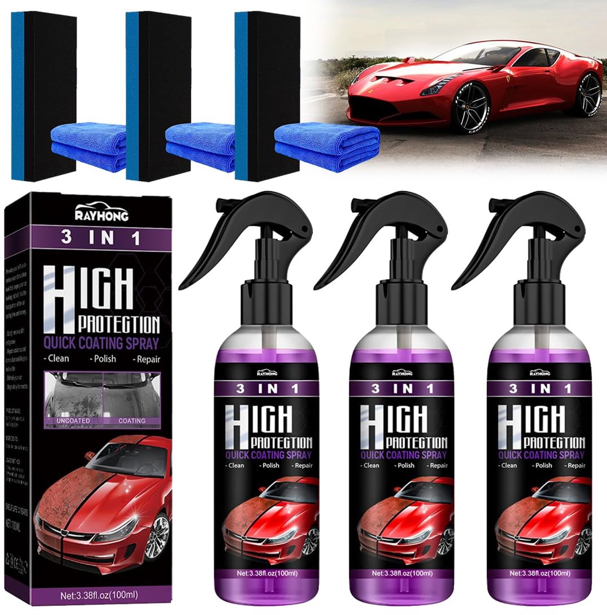 SnelShoppen - 3-in-1 Auto Quick Spray - Hoogwaardige Bescherming - Krassen Verwijderen - Glans Herstellen - Inclusief Spons - Auto Onderhoud - Voor Ie