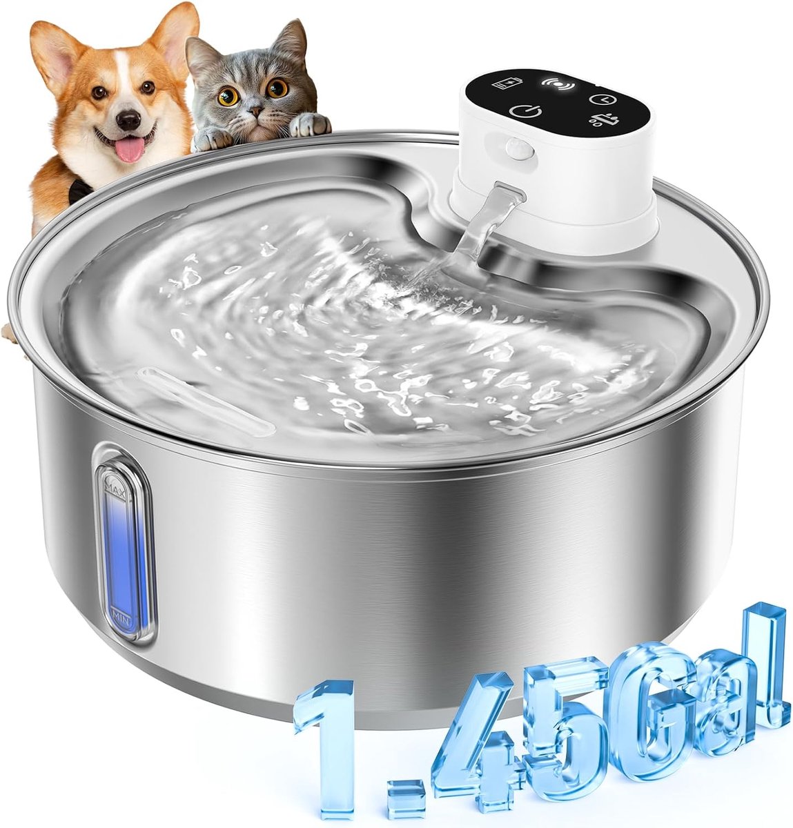 SnelShoppen - Drinkfontein voor Honden en Katten, RVS, Draadloos, 5.5 L (1 Filter) | 5000 mAh Accu met Bewegingssensor, Stille Waterpomp, Wit