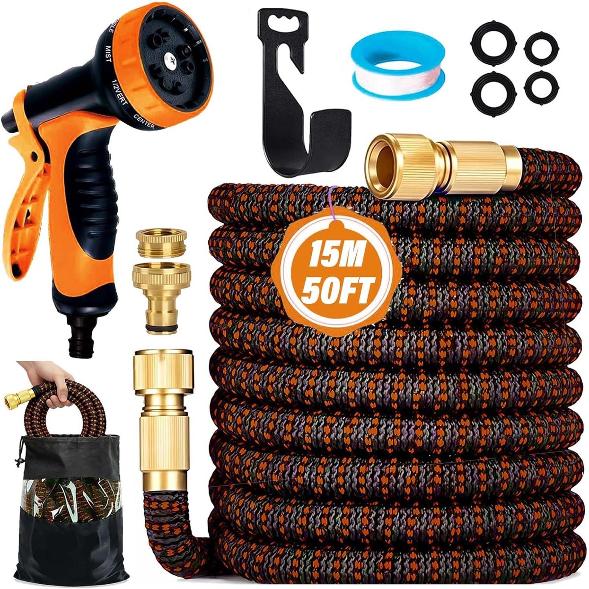 SnelShoppen - Flexibele Tuinslang 15 m met 10 Functies - Duurzame 3-Laags Latex Tuinslang - 3/4 Inch & 1/2 Inch Metaal Aansluitingen - Oranje Tuinslan