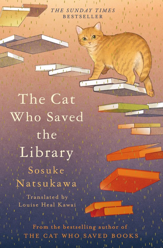 Couverture du livre 'The Cat Who Saved the Library' avec un chat roux sur des livres. Le titre est en gros caractères.