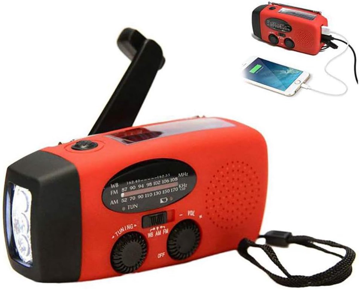 SnelShoppen - Solar Hand Crank Dynamo Radio met LED Zaklamp, 2000mAh Accu, AM/FM Radio voor Hiking, Camping, Buitenactiviteiten, Noodsituaties